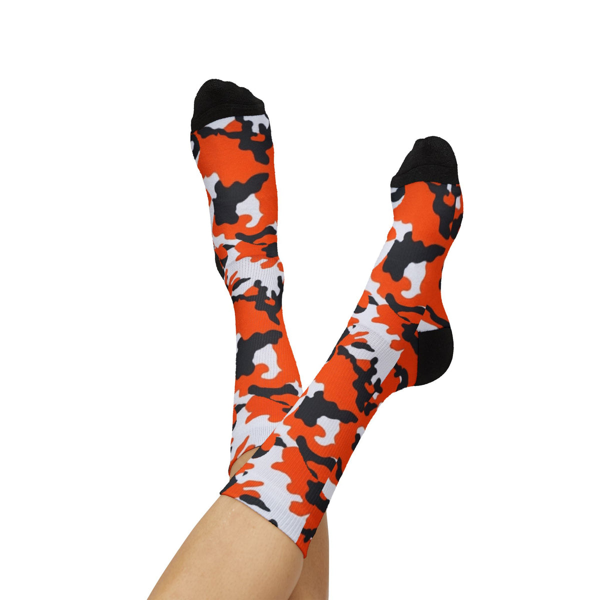 Orange, Black and White Hi Seas ll Camouflage Crew Socks by Camotoez Crimson Pulse Camo Crew | Blend In But Stand Out Edition | More Mercy For Your Sole