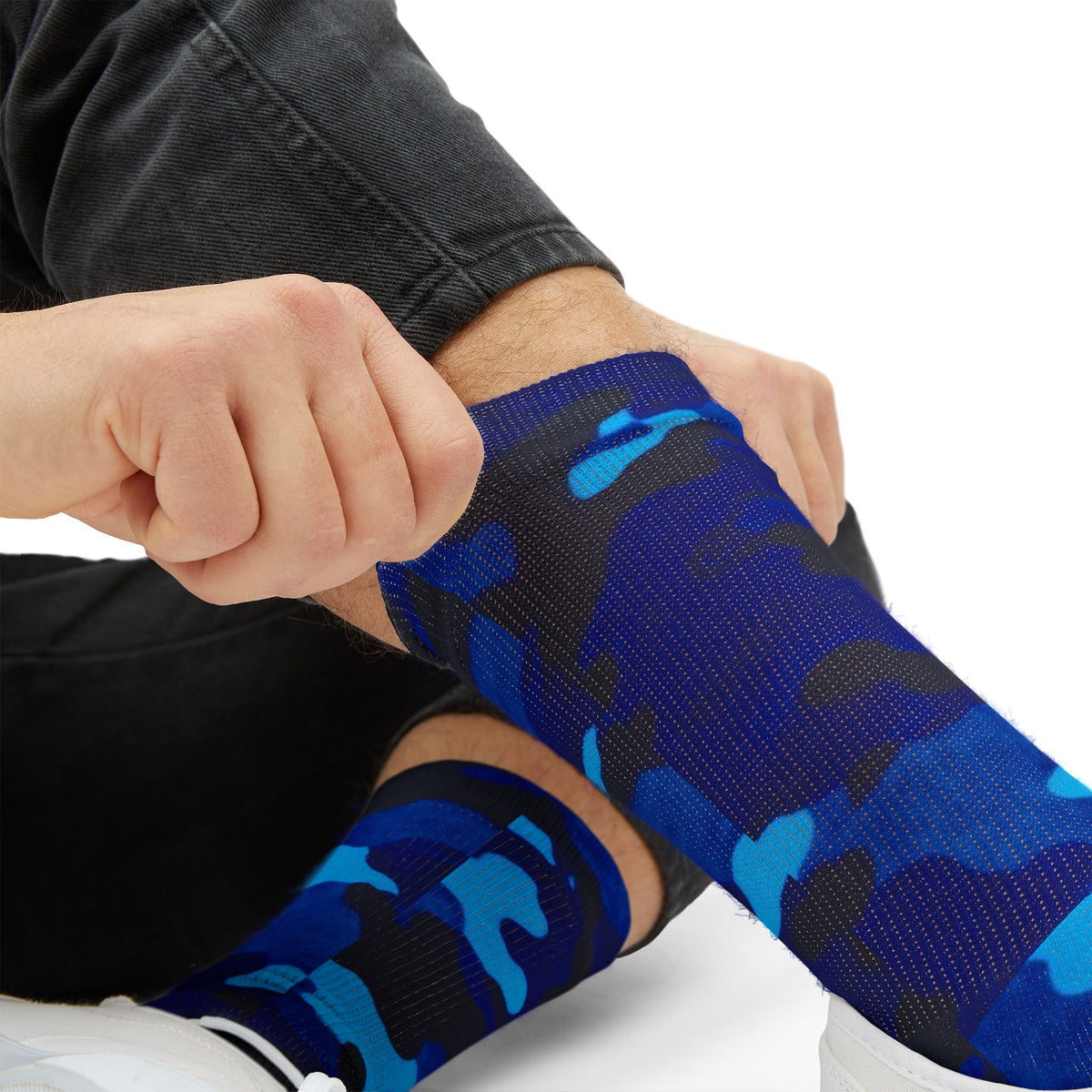 Midnight Obsidian and Aquatic Awe Camouflage Crew Socks by Camotoez Deep Azure Camo Crew | Blend In But Stand Out Edition | More Mercy For Yor Soles Teal Crew Socks by Camotoez Deep Azure Camo Crew