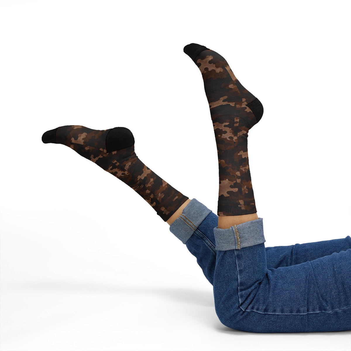 Cocoa Beans Powder Brown  and Expresso Camouflage Crew Socks by Camotoez Feral Sequoia Drift