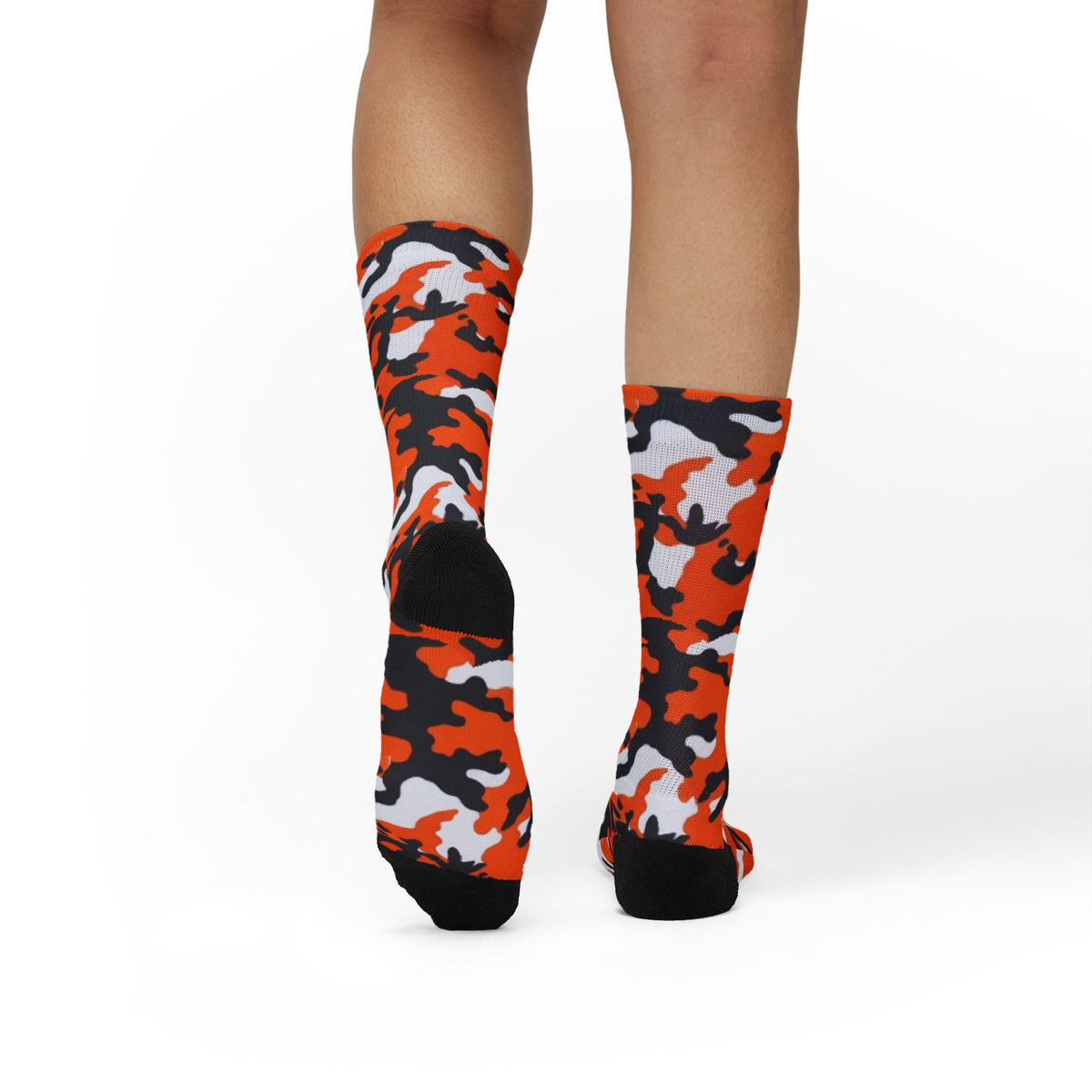 Orange, Black and White Hi Seas ll Camouflage Crew Socks by Camotoez Crimson Pulse Camo Crew | Blend In But Stand Out Edition | More Mercy For Your Sole