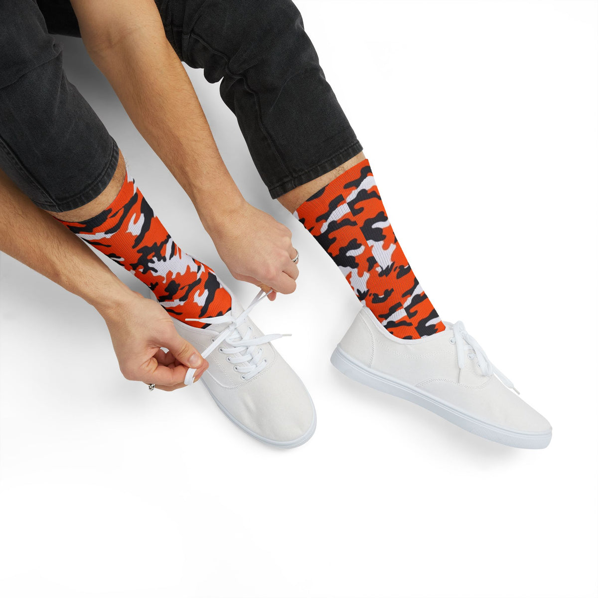 Orange, Black and White Hi Seas ll Camouflage Crew Socks by Camotoez Crimson Pulse Camo Crew | Blend In But Stand Out Edition | More Mercy For Your Sole