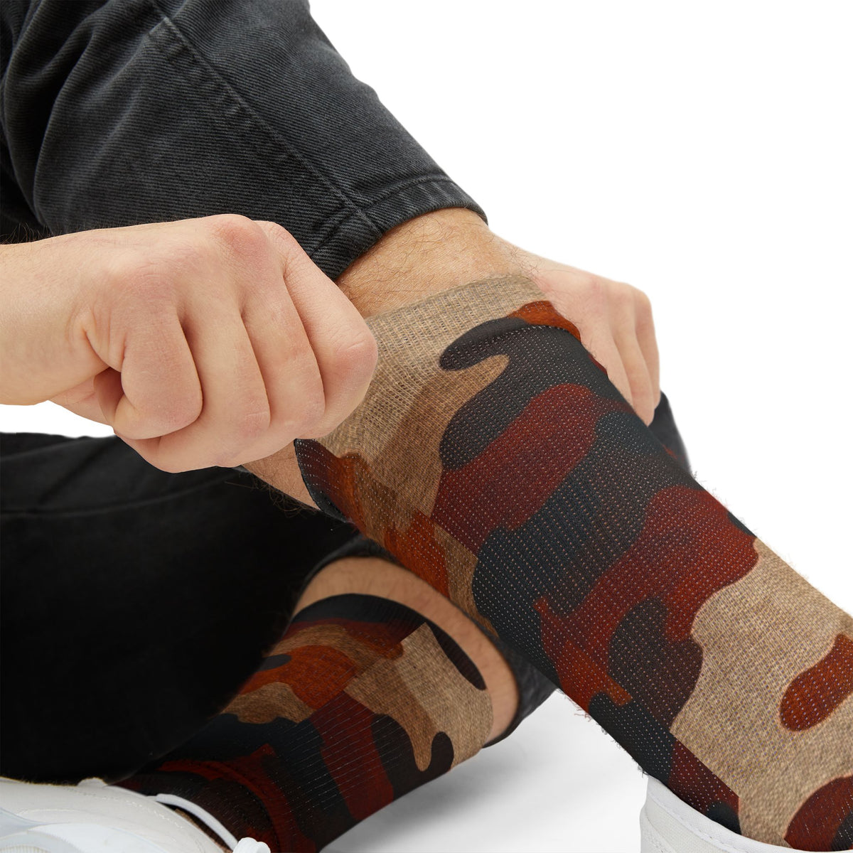 Burnt Sienna and  Deep Expresso Crew Socks by Camotoez Catch My Dust Alpine Camo Socks