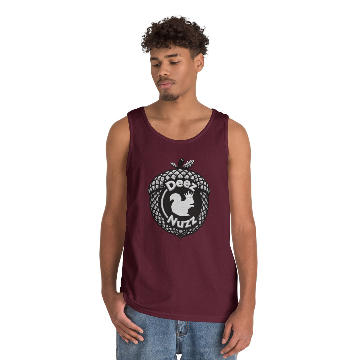 ‘Deez Nuzz’  Vintage White/Black Crest Funny Graphic Tank Top