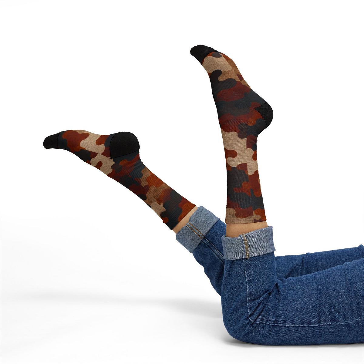 Burnt Sienna and  Deep Expresso Crew Socks by Camotoez Catch My Dust Alpine Camo Socks