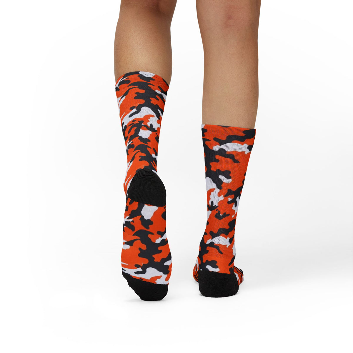 Orange, Black and White Hi Seas ll Camouflage Crew Socks by Camotoez Crimson Pulse Camo Crew | Blend In But Stand Out Edition | More Mercy For Your Sole
