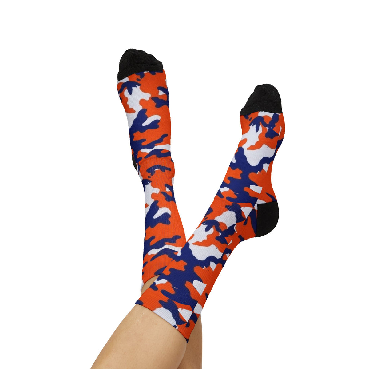 Orange, Blue and White Electros Camouflage Crew Socks by Camotoez Crimson Pulse Camo Crew | Blend In But Stand Out Edition | More Mercy For Your Sole